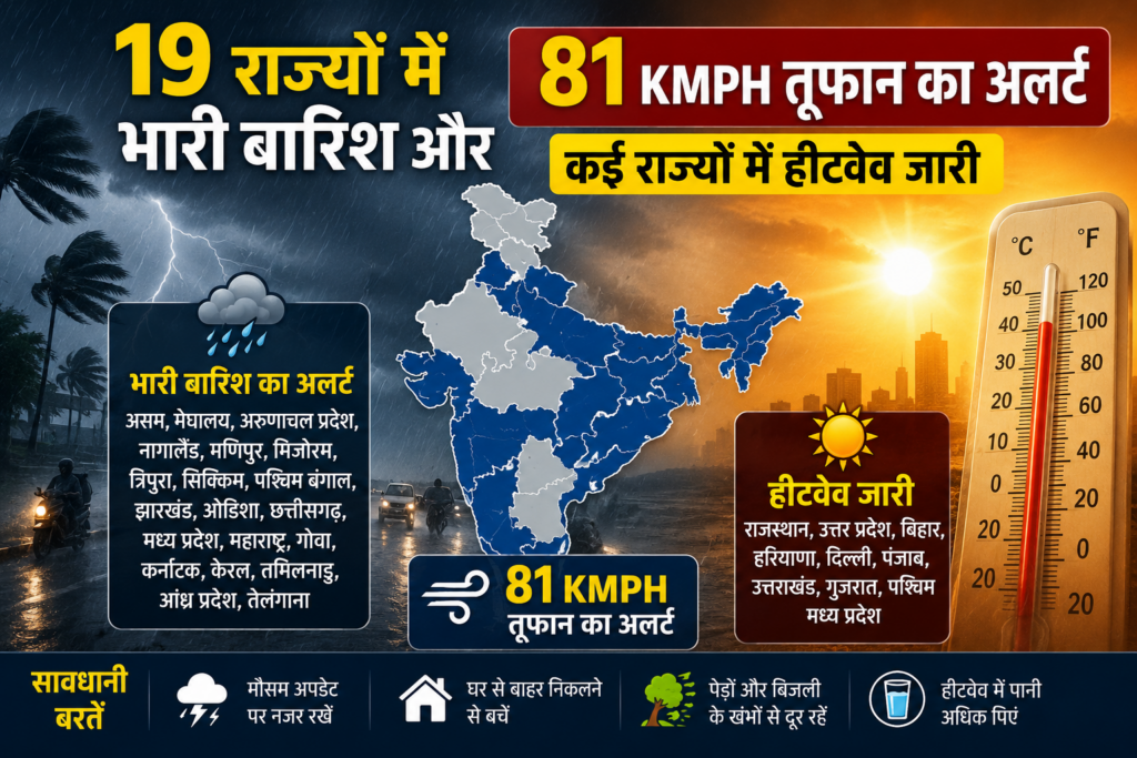 कल का मौसम: 19 राज्यों में भारी बारिश और 81 KMPH तूफान का अलर्ट, कई राज्यों में हीटवेव जारी