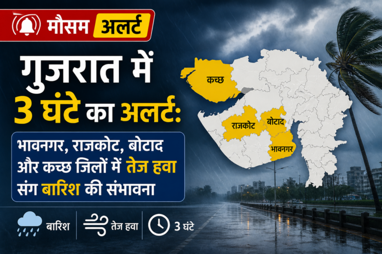 गुजरात में 3 घंटे का अलर्ट: 4 जिलों में तेज हवा संग बारिश की संभावना